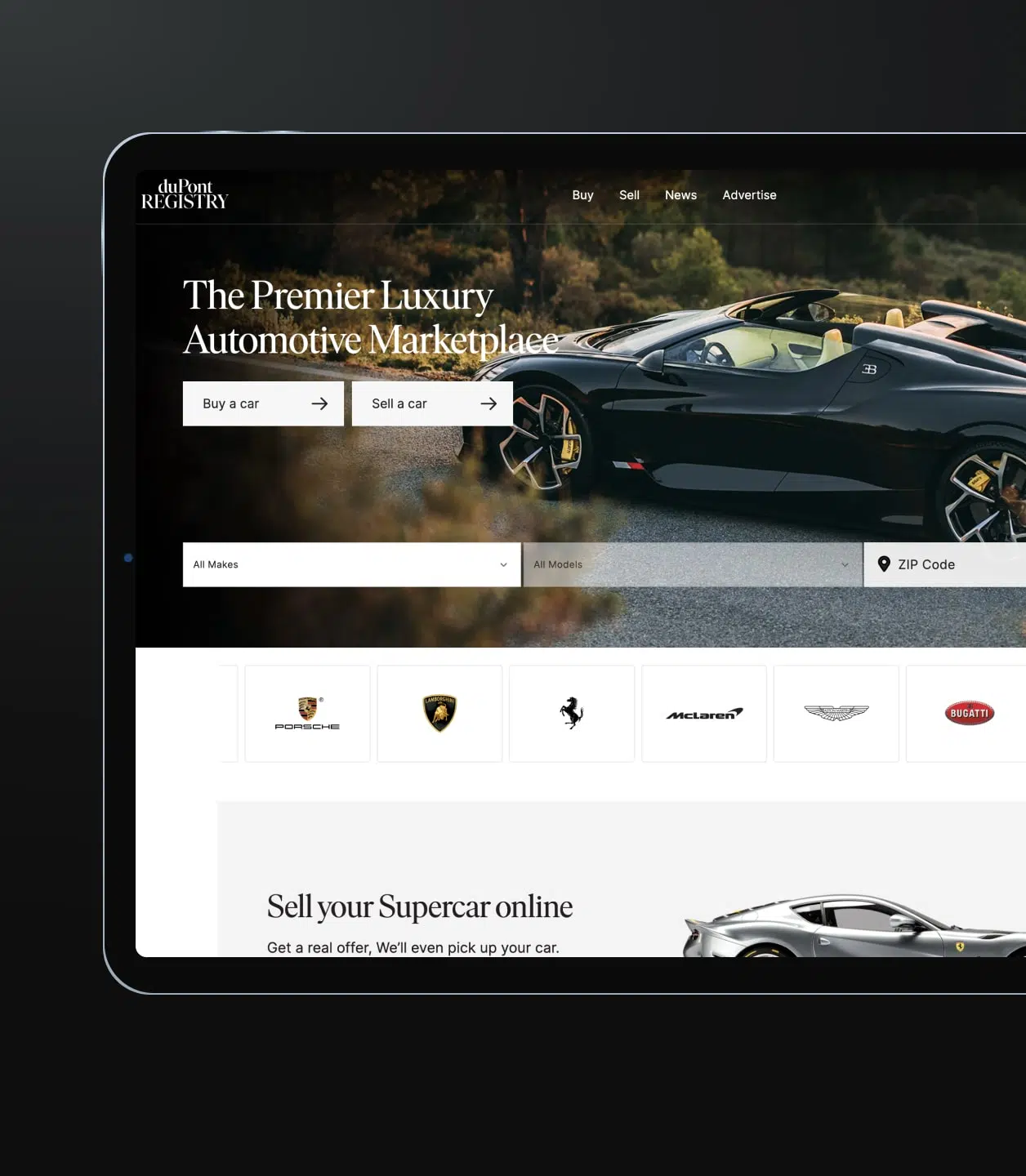duPont REGISTRY site in Tablets view