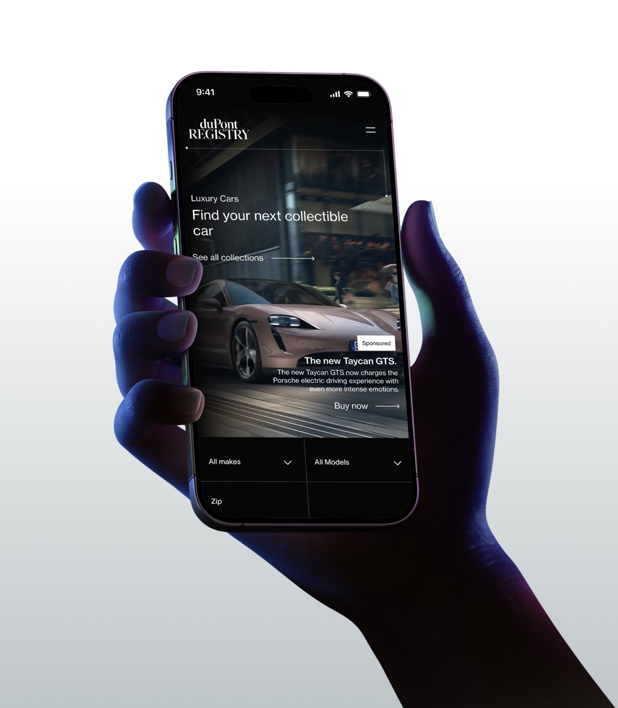 duPont REGISTRY site displayed on mobile with a hand holding the phone