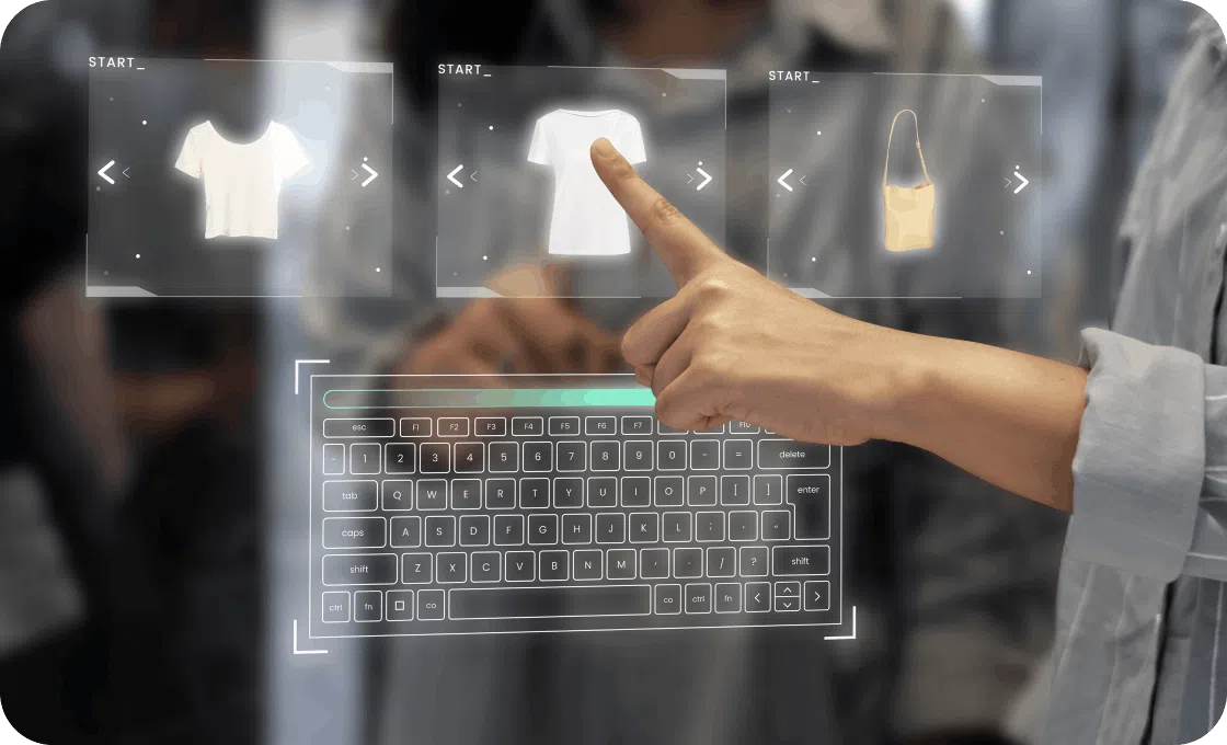 A person interacts with a digital interface, hovering above a virtual keyboard and selecting from clothing options. The scene conveys a futuristic shopping experience.