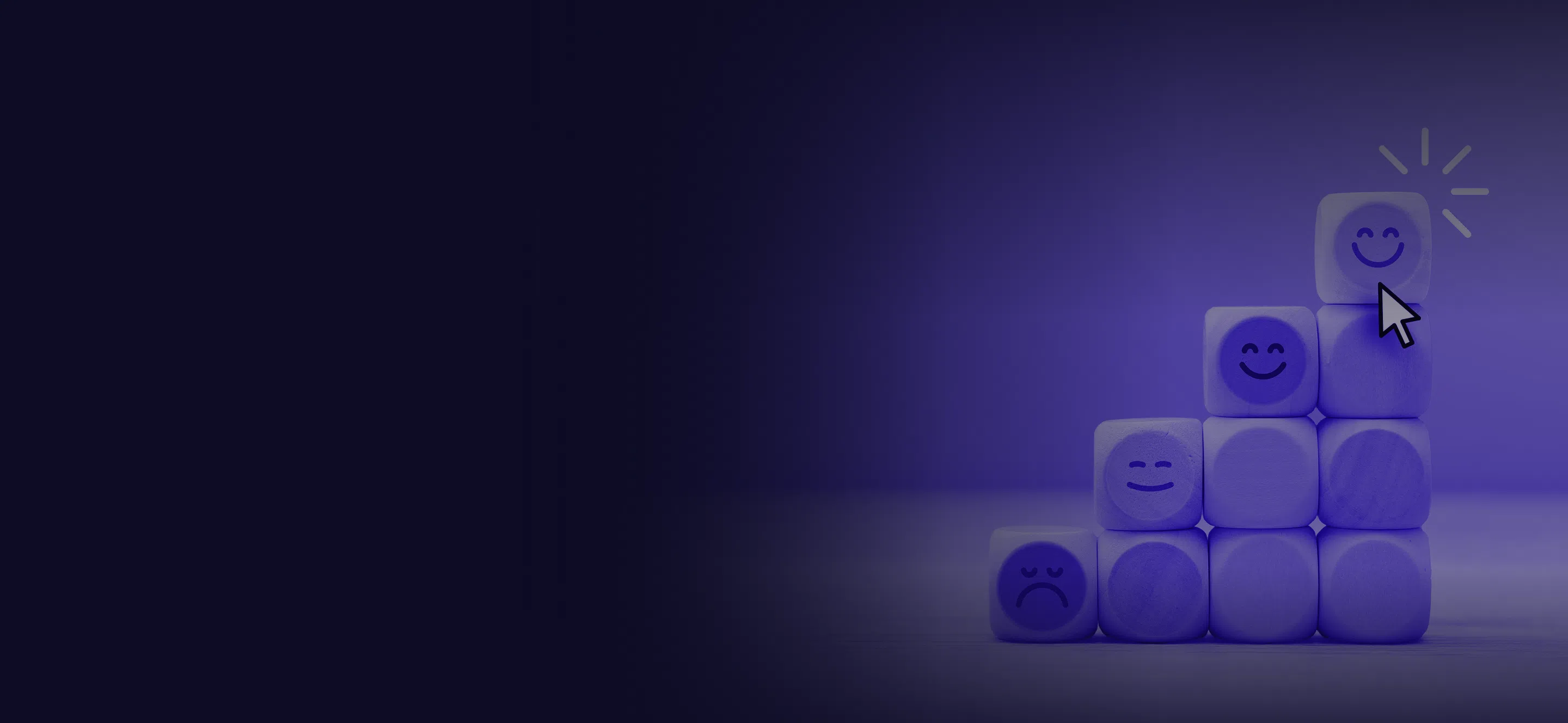 Gradient blue-purple background with stacked smiley face cubes representing customer satisfaction and rating improvement.
